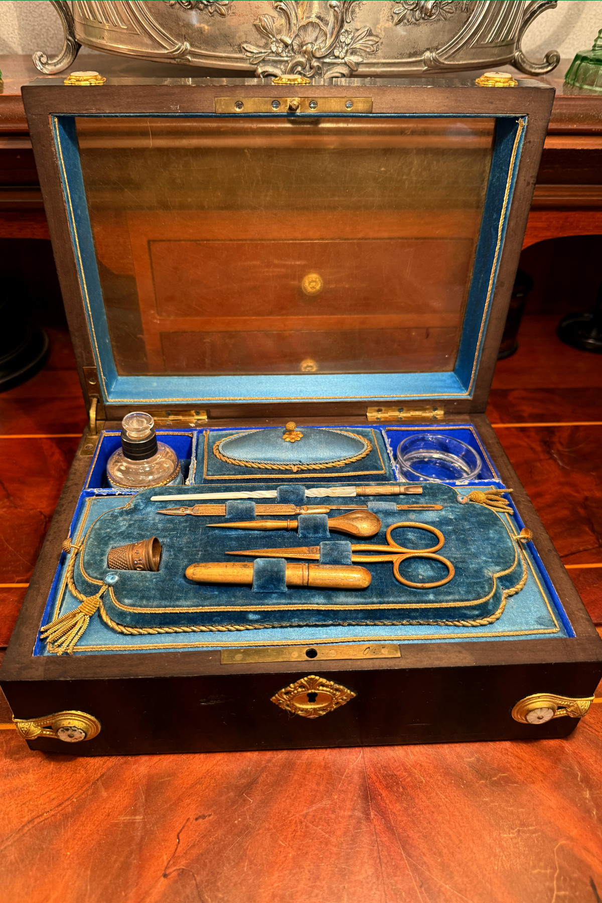 Antique travel case sewing set box